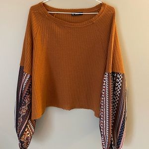 Lantern Sleeve Mixed Media Waffle T-Shirt; XS